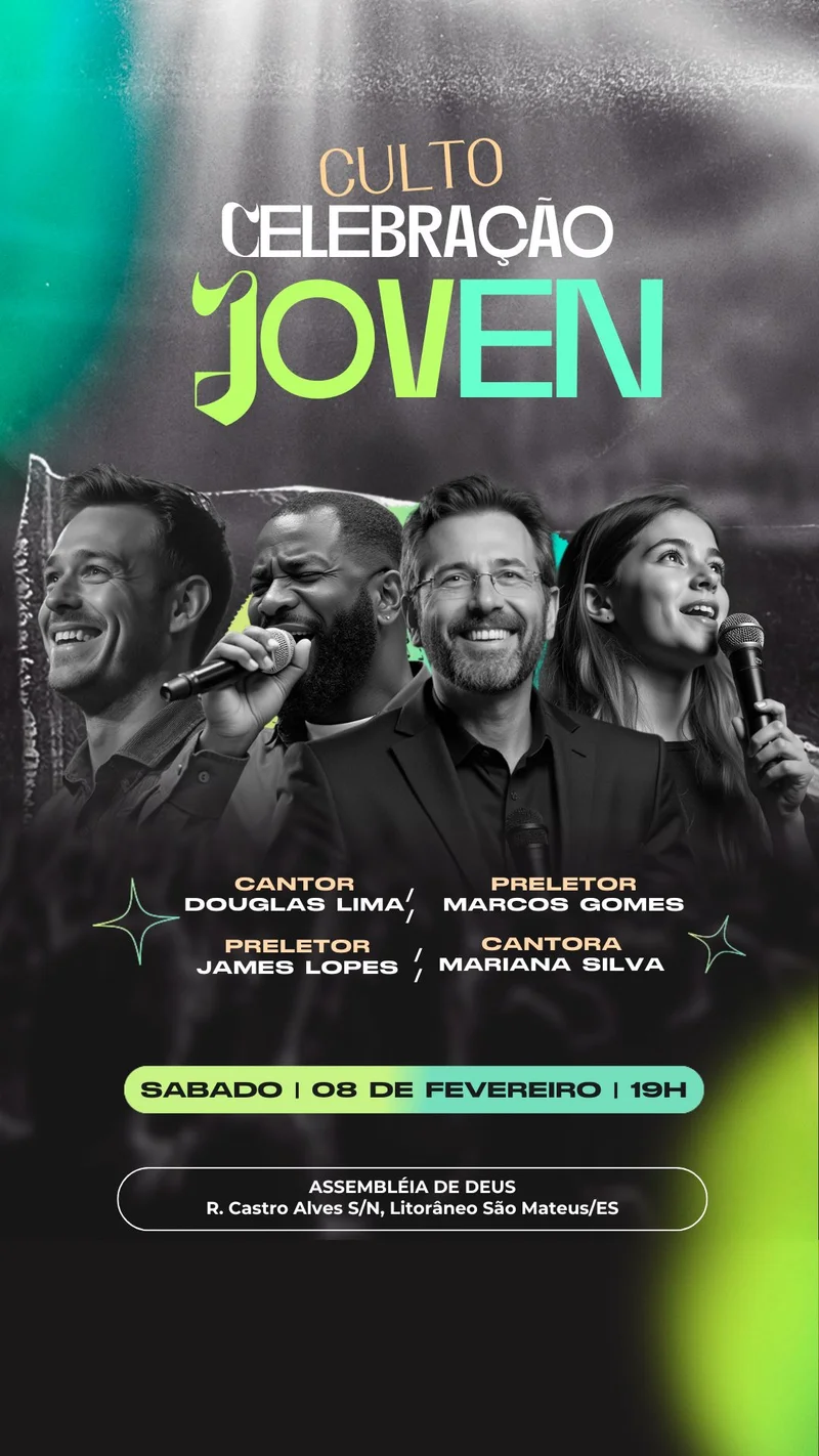 Culto de Jovens: Celebração Jovem – Encontro de Adoração e Louvor | Culto de Jovens | Arte para Igreja Editável no Canva | Story