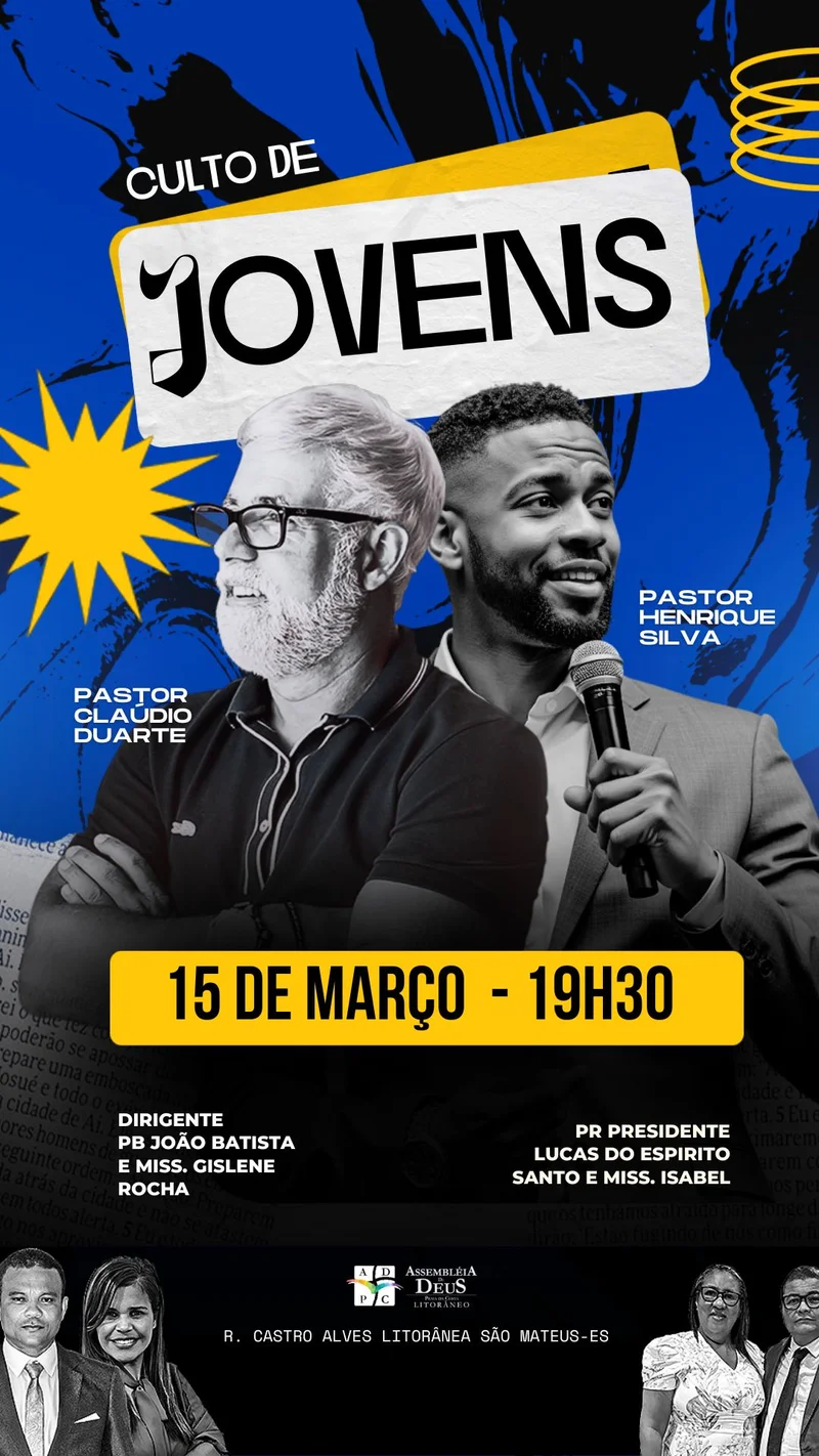Culto de Jovens com Pastor Cláudio Duarte e Henrique Silva – Encontro de Edificação Jovem | Culto de Jovens | Arte para Igreja Editável no Canva | Story