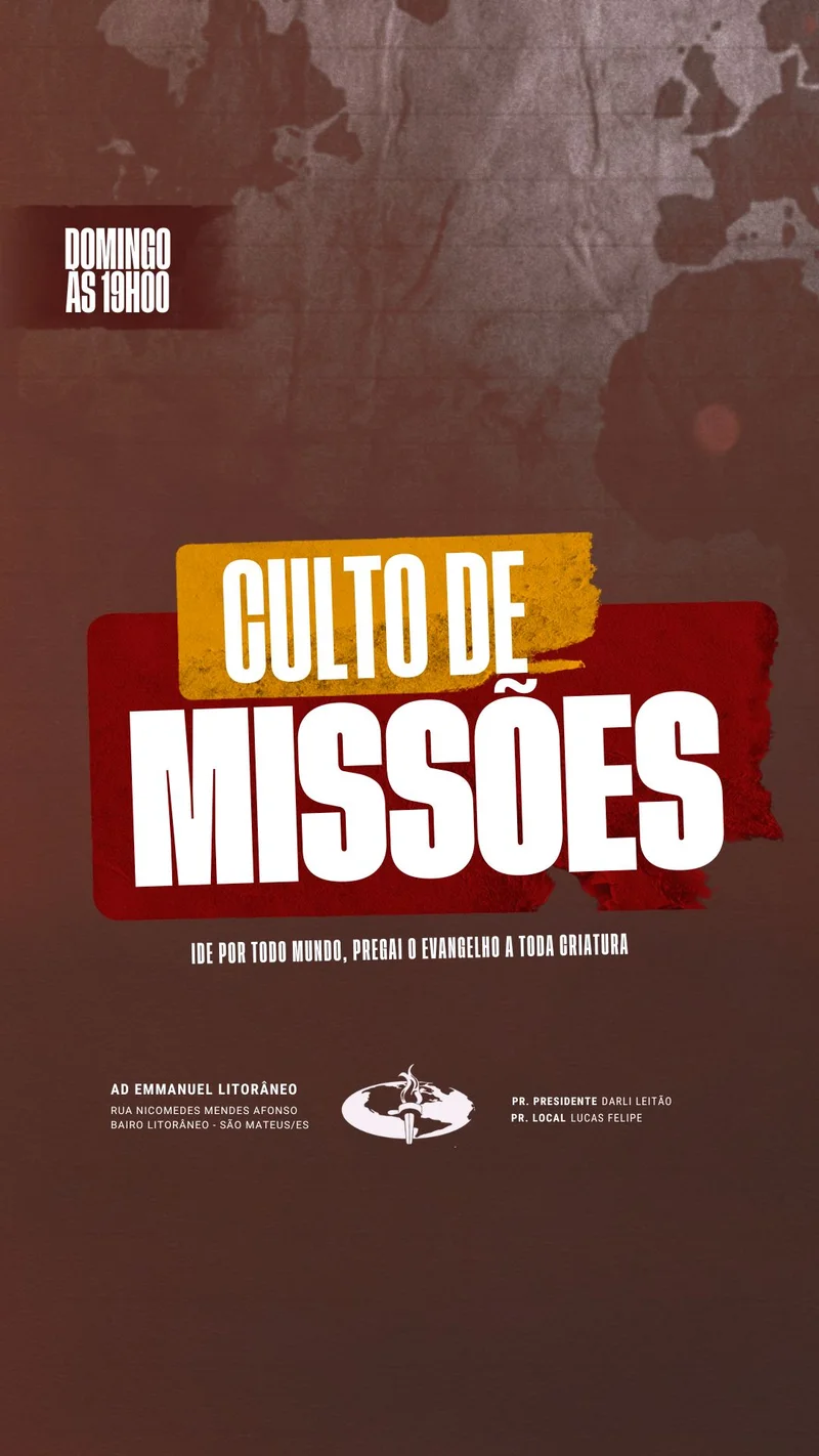 Culto de Missões – “Pregai o Evangelho a Toda Criatura” | Culto de Missões | Arte para Igreja Editável no Canva | Story Culto de Missões – “Pregai o Evangelho a Toda Criatura” | Culto de Missões | Arte para Igreja Editável no Canva | Story