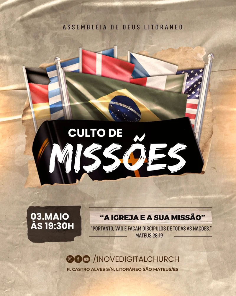 Culto de Missões: A Igreja e Sua Missão – Evangelismo e Discipulado Global | Culto de Missões | Arte para Igreja Editável no Canva | Cartaz