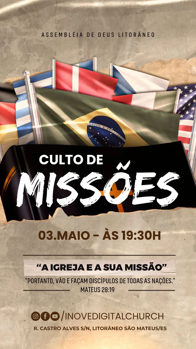 Culto de Missões: A Igreja e Sua Missão – Evangelismo e Discipulado Global | Culto de Missões | Arte para Igreja Editável no Canva | Story Culto de Missões: A Igreja e Sua Missão – Evangelismo e Discipulado Global | Culto de Missões | Arte para Igreja Editável no Canva | Story