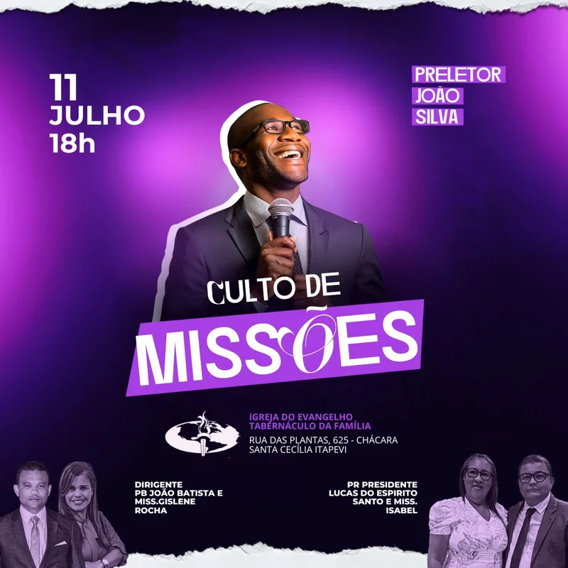 Culto de Missões com Preletor João Silva – Noite de Louvor e Testemunho Missionário | Culto de Missões | Arte para Igreja Editável no Canva | Feed Culto de Missões com Preletor João Silva – Noite de Louvor e Testemunho Missionário | Culto de Missões | Arte para Igreja Editável no Canva | Feed