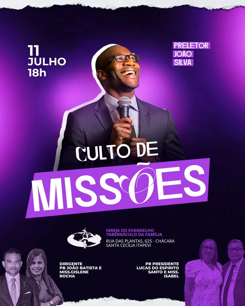 Culto de Missões com Preletor João Silva – Noite de Louvor e Testemunho Missionário | Culto de Missões | Arte para Igreja Editável no Canva | Cartaz