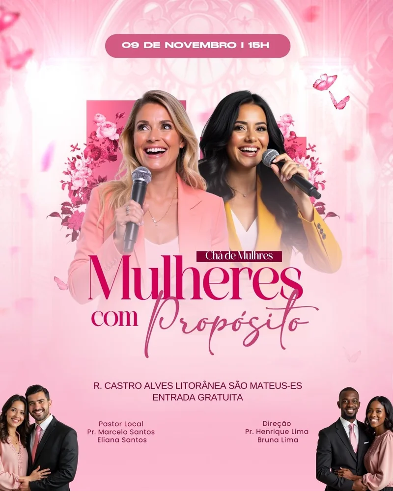 Chá Mulheres com Propósito | Culto de Mulheres | Arte para Igreja Editável no Canva | Cartaz