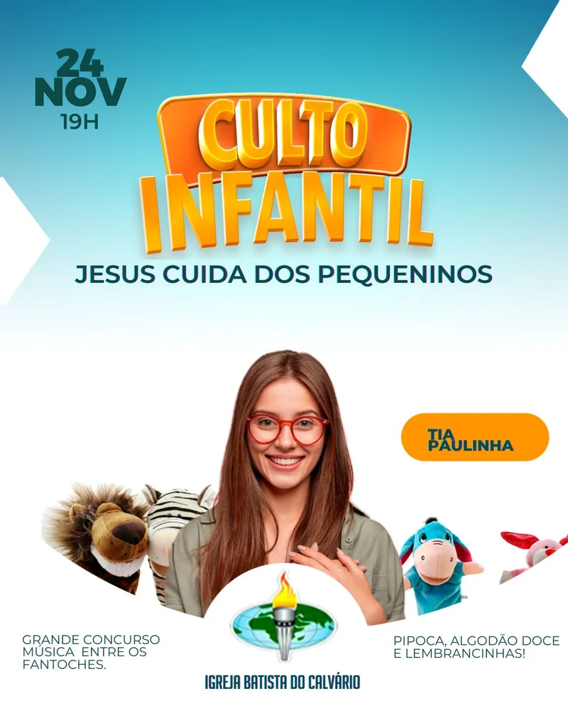 Culto Infantil – Jesus Cuida dos Pequeninos | Culto Infantil | Arte para Igreja Editável no Canva | Cartaz Culto Infantil – Jesus Cuida dos Pequeninos | Culto Infantil | Arte para Igreja Editável no Canva | Cartaz
