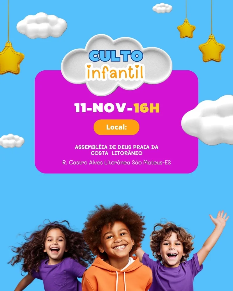 Culto Kids – Culto para Crianças | Culto Infantil | Arte para Igreja Editável no Canva | Cartaz