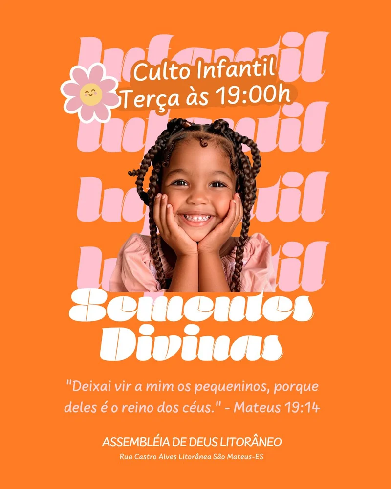 Sementes Divinas | Culto Infantil | Arte para Igreja Editável no Canva | Cartaz