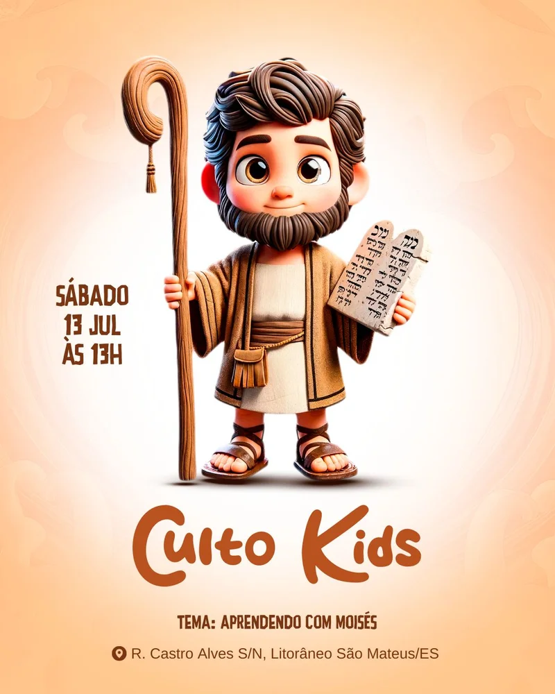 Aprendendo com Moisés | Culto Infantil | Arte para Igreja Editável no Canva | Cartaz Aprendendo com Moisés | Culto Infantil | Arte para Igreja Editável no Canva | Cartaz