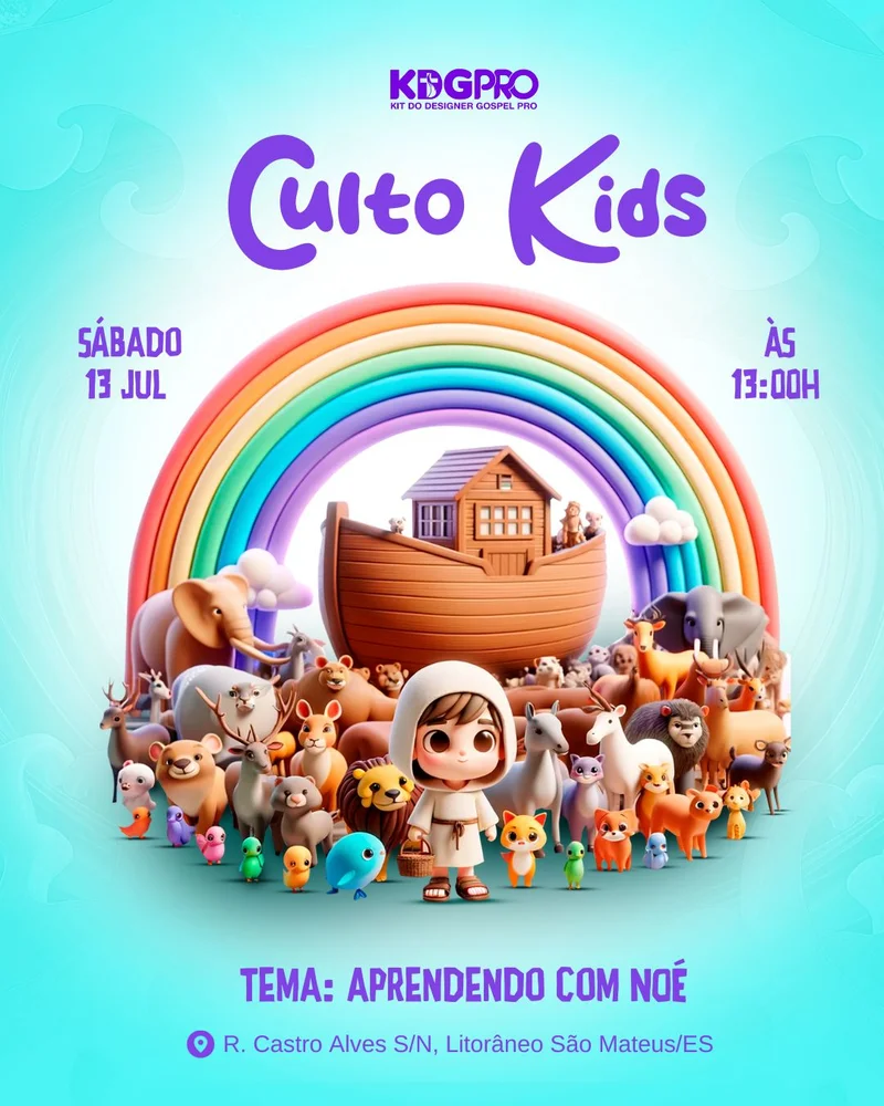 Aprendendo com Noé | Culto Infantil | Arte para Igreja Editável no Canva | Cartaz