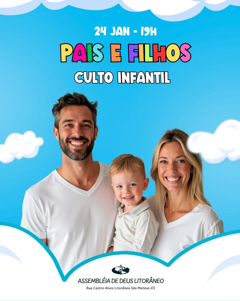 Pais e Filhos | Culto Infantil | Arte para Igreja Editável no Canva | Cartaz
