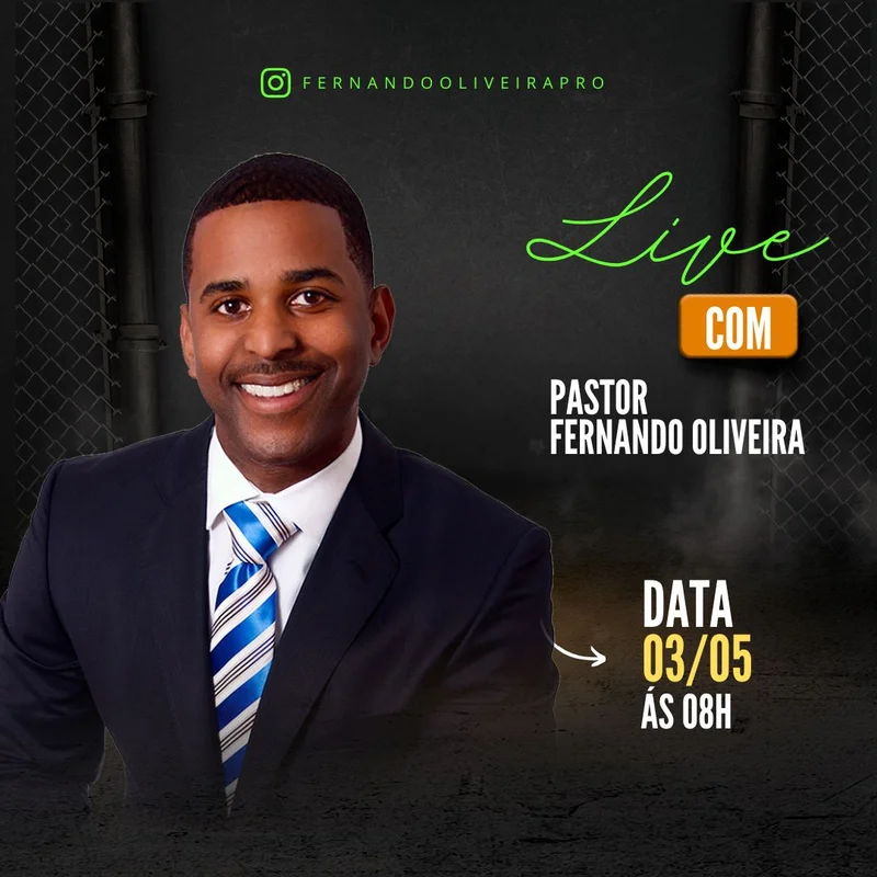 Live com Pastor Fernando Oliveira | Culto Online | Arte para Igreja Editável no Canva | Feed Live com Pastor Fernando Oliveira | Culto Online | Arte para Igreja Editável no Canva | Feed