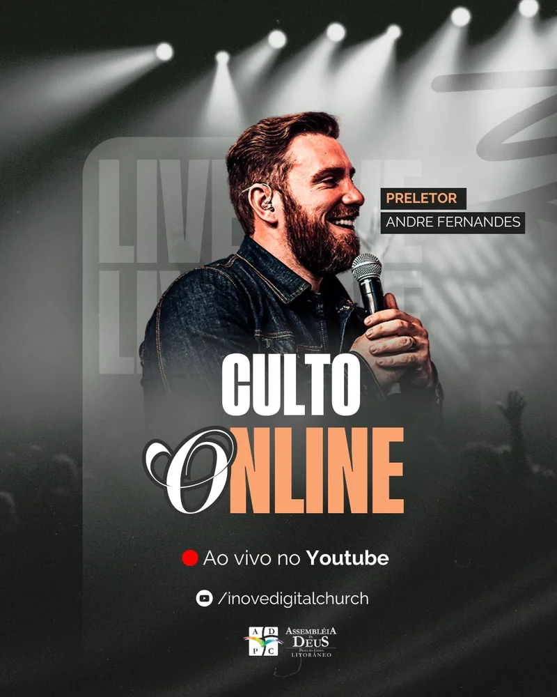 Ao Vivo no Youtube | Culto Online | Arte para Igreja Editável no Canva | Cartaz