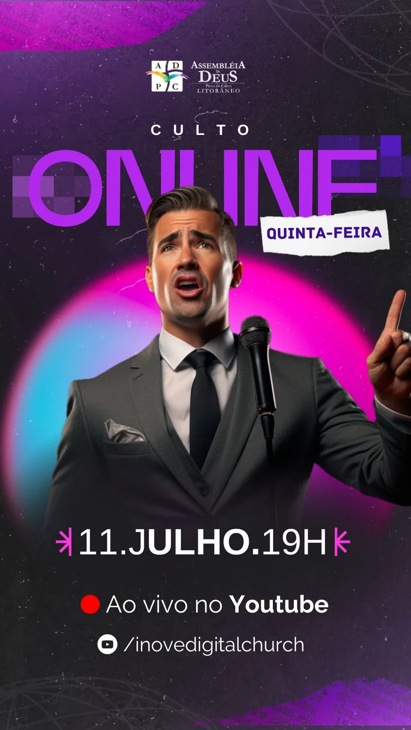 Pregação ao Vivo | Culto Online | Arte para Igreja Editável no Canva | Story