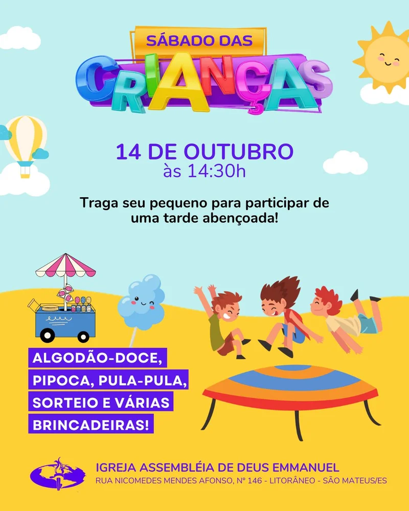 Culto Infantil – Sábado das Crianças | Dia das Crianças | Arte para Igreja Editável no Canva | Cartaz