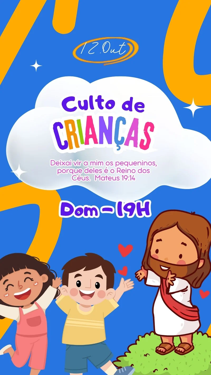 Culto das Crianças | Dia das Crianças | Arte para Igreja Editável no Canva | Story