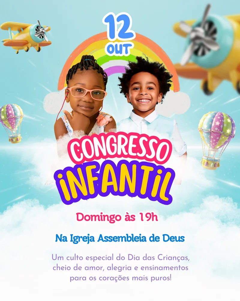 Arte para Igreja e Ministérios Infantil – Feliz Dia das Crianças | Dia das Crianças | Arte para Igreja Editável no Canva | Cartaz