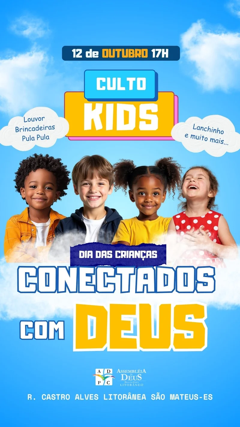 Culto Kids – Conectados com Deus | Dia das Crianças | Arte para Igreja Editável no Canva | Story