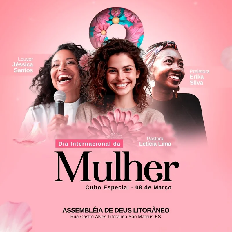 Dia Internacional da Mulher – Culto Especial da Mulher | Dia das Mulheres | Arte para Igreja Editável no Canva | Feed Dia Internacional da Mulher – Culto Especial da Mulher | Dia das Mulheres | Arte para Igreja Editável no Canva | Feed