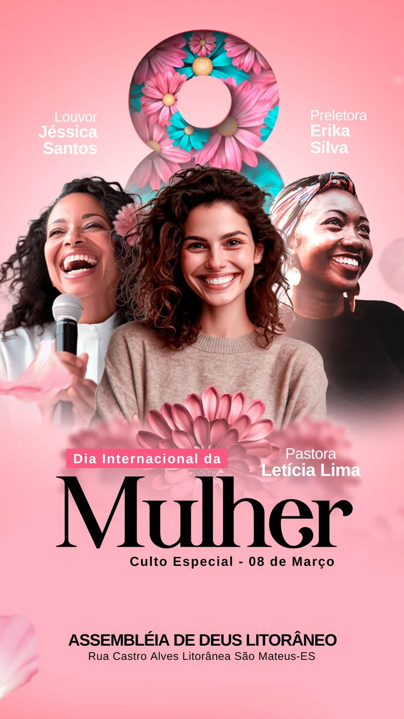 Dia Internacional da Mulher – Culto Especial da Mulher | Dia das Mulheres | Arte para Igreja Editável no Canva | Story