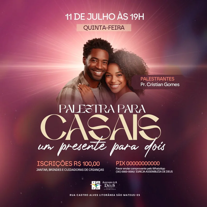 Palestra para Casais | Encontro de Casais | Arte para Igreja Editável no Canva | Feed Palestra para Casais | Encontro de Casais | Arte para Igreja Editável no Canva | Feed