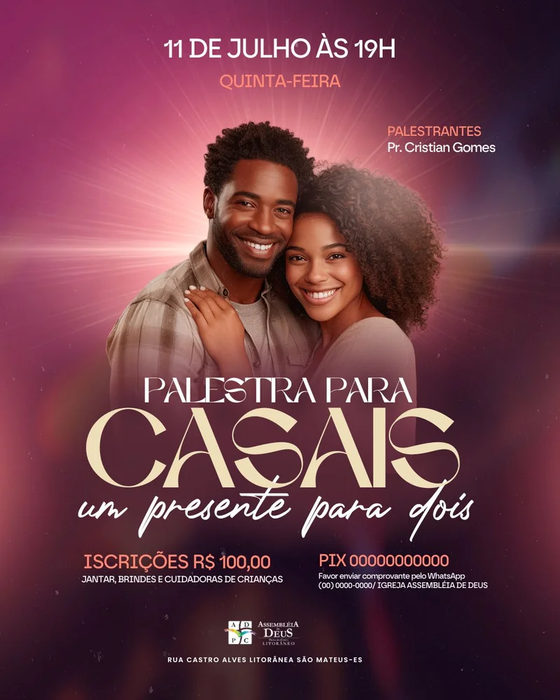 Palestra para Casais | Encontro de Casais | Arte para Igreja Editável no Canva | Cartaz