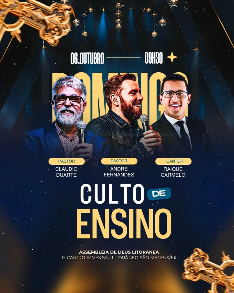 Culto de Ensino – Cláudio Duarte André Fernandes Raíque Carmelo | Ensino Bíblico | Arte para Igreja Editável no Canva | Cartaz Culto de Ensino – Cláudio Duarte André Fernandes Raíque Carmelo | Ensino Bíblico | Arte para Igreja Editável no Canva | Cartaz