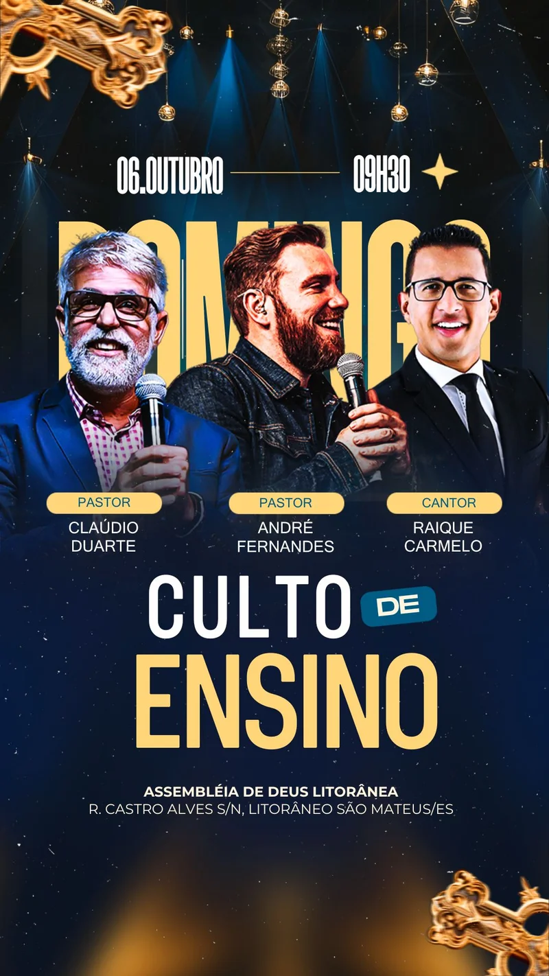 Culto de Ensino – Cláudio Duarte André Fernandes Raíque Carmelo | Ensino Bíblico | Arte para Igreja Editável no Canva | Story