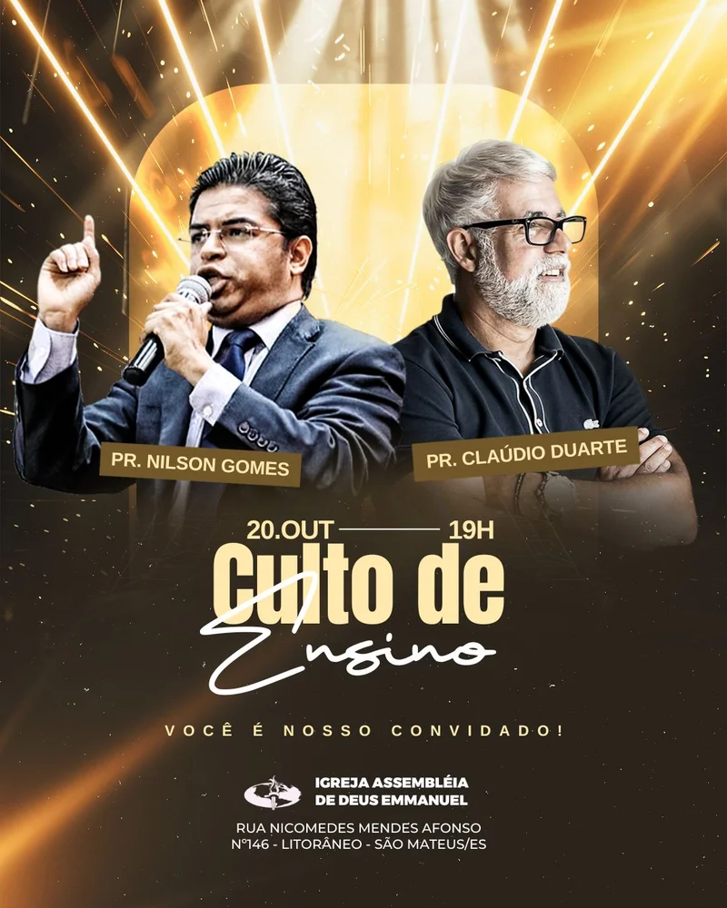 Culto com Pastores | Ensino Bíblico | Arte para Igreja Editável no Canva | Cartaz