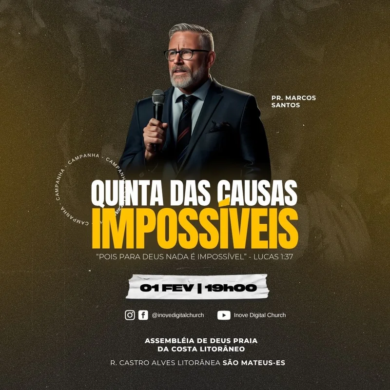 Quinta das Causas Impossíveis – Evento de Fé e Milagres | Eventos | Arte para Igreja Editável no Canva | Feed Quinta das Causas Impossíveis – Evento de Fé e Milagres | Eventos | Arte para Igreja Editável no Canva | Feed