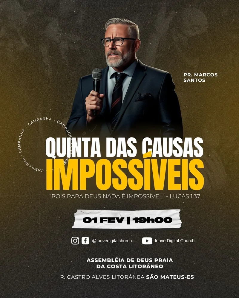 Quinta das Causas Impossíveis – Evento de Fé e Milagres | Eventos | Arte para Igreja Editável no Canva | Cartaz Quinta das Causas Impossíveis – Evento de Fé e Milagres | Eventos | Arte para Igreja Editável no Canva | Cartaz