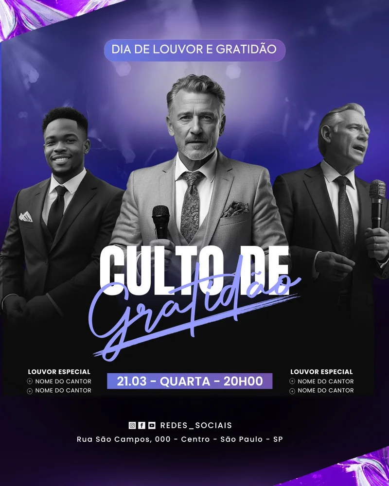 Culto de Gratidão | Eventos | Arte para Igreja Editável no Canva | Cartaz Culto de Gratidão | Eventos | Arte para Igreja Editável no Canva | Cartaz