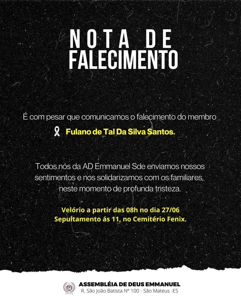 Nota Oficial de Falecimento | Informativos | Arte para Igreja Editável no Canva | Cartaz Nota Oficial de Falecimento | Informativos | Arte para Igreja Editável no Canva | Cartaz