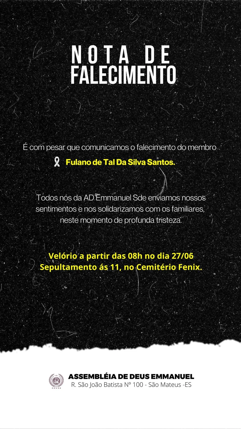 Nota Oficial de Falecimento | Informativos | Arte para Igreja Editável no Canva | Story Nota Oficial de Falecimento | Informativos | Arte para Igreja Editável no Canva | Story