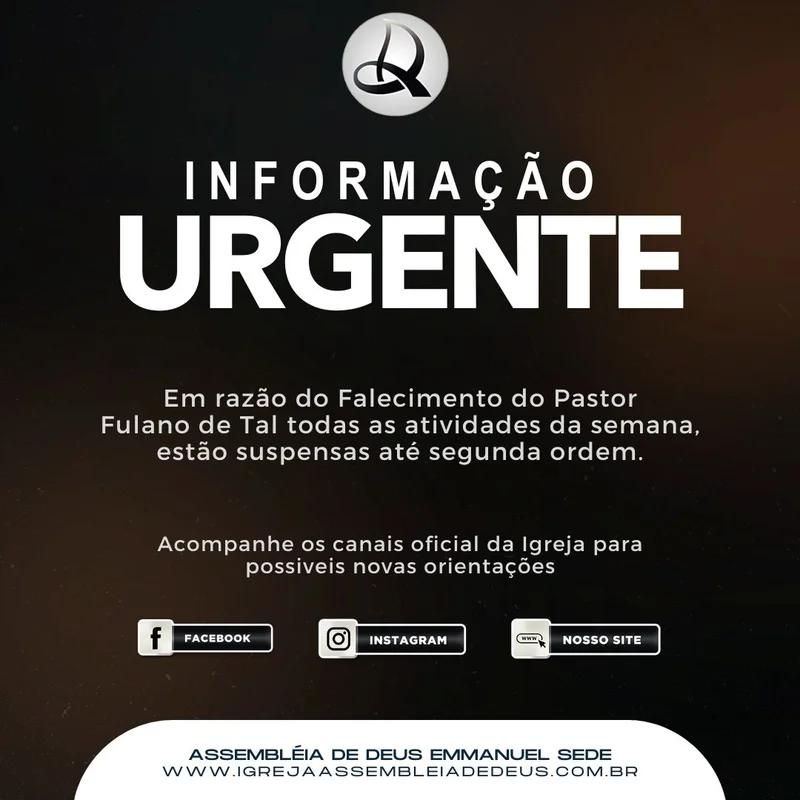 Informação Urgente – Nota de Falecimento | Informativos | Arte para Igreja Editável no Canva | Feed Informação Urgente – Nota de Falecimento | Informativos | Arte para Igreja Editável no Canva | Feed