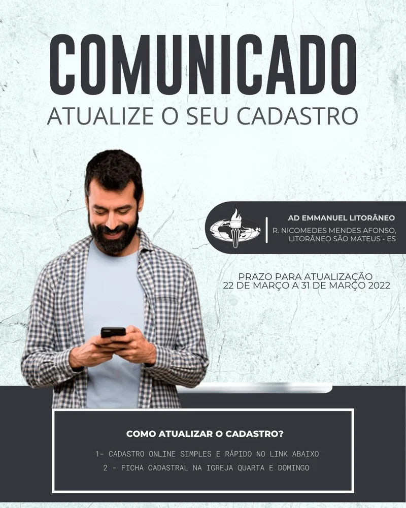 Comunicado: Atualize o Seu Cadastro | Informativos | Arte para Igreja Editável no Canva | Cartaz Comunicado: Atualize o Seu Cadastro | Informativos | Arte para Igreja Editável no Canva | Cartaz