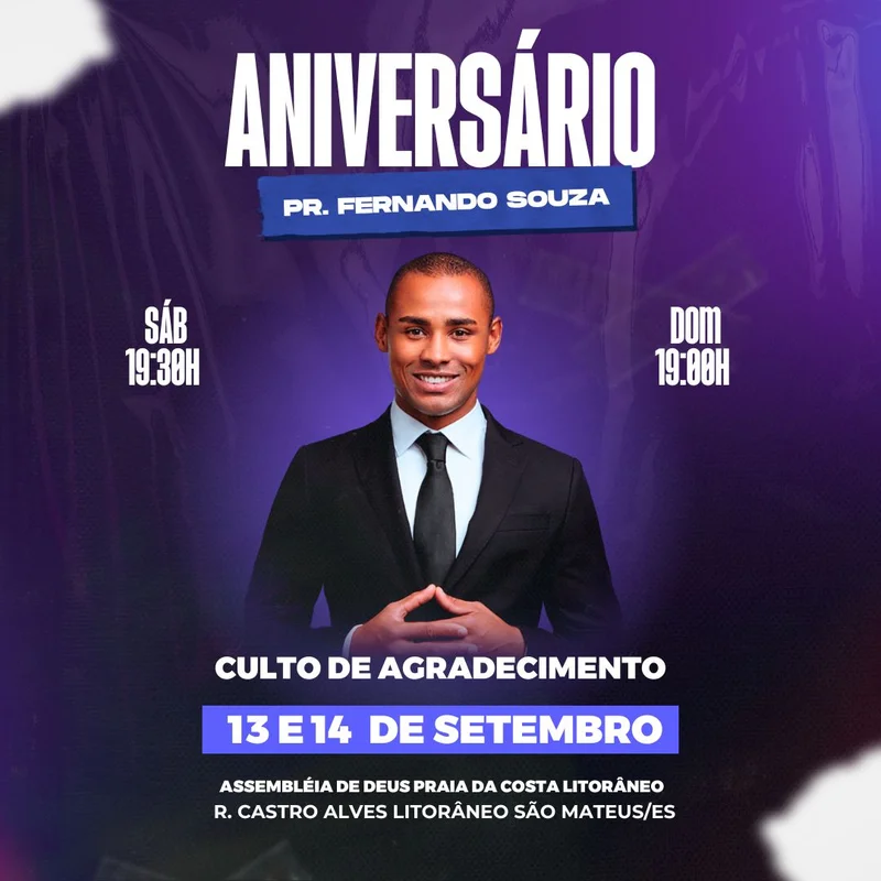 Aniversário do Pastor – Culto de Agradecimento | Informativos | Arte para Igreja Editável no Canva | Feed Aniversário do Pastor – Culto de Agradecimento | Informativos | Arte para Igreja Editável no Canva | Feed