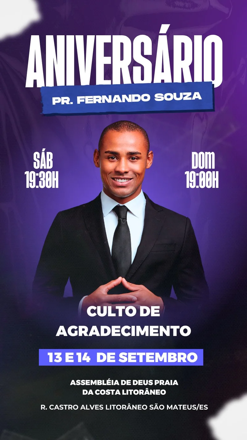 Aniversário do Pastor – Culto de Agradecimento | Informativos | Arte para Igreja Editável no Canva | Story Aniversário do Pastor – Culto de Agradecimento | Informativos | Arte para Igreja Editável no Canva | Story