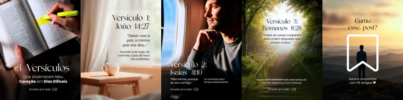 Carrossel Gospel – 3 Versículos que Acalmam o Coração em Dias Difíceis | Mensagens | Arte para Igreja Editável no Canva | carrossel